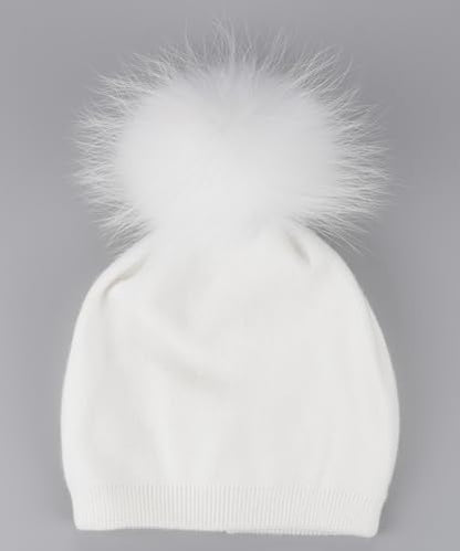 Women's Double Layer Winter Slouchy Knit Beanie Hat with Real Fur Pom Pom - color: White Pom