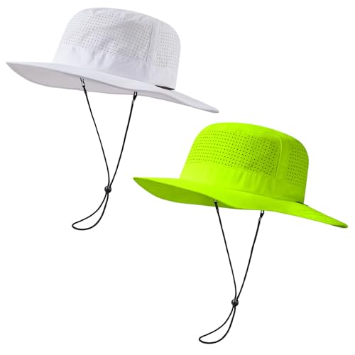 UPF 50+ Bucket Sun Hat with Laser Perforated Mesh Cooling Adjustable Breathable Lightweight for Outdoor Men Women - color: White & Fluorescent Yellow