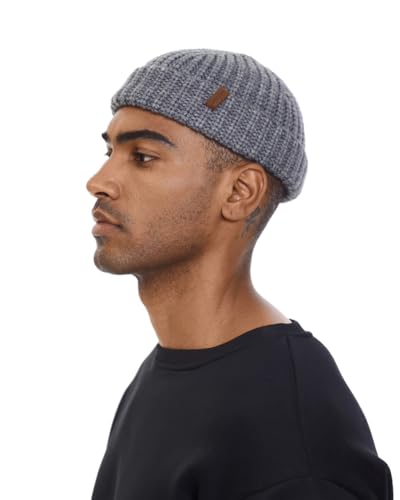 Chunky Wool Fisherman Short Beanie Hats Skull Cap for Men, Mens Thick Skater Streetwear Fishermans Beanie Daily Hat - color: Gray