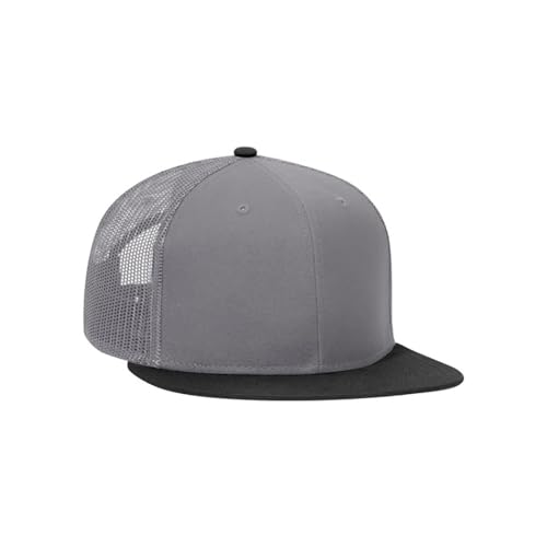Ashen Fane 6 Panel Mid Profile Mesh Back Structured Trucker Adjustable Snapback Hat - color: Blk/Gry/Gry