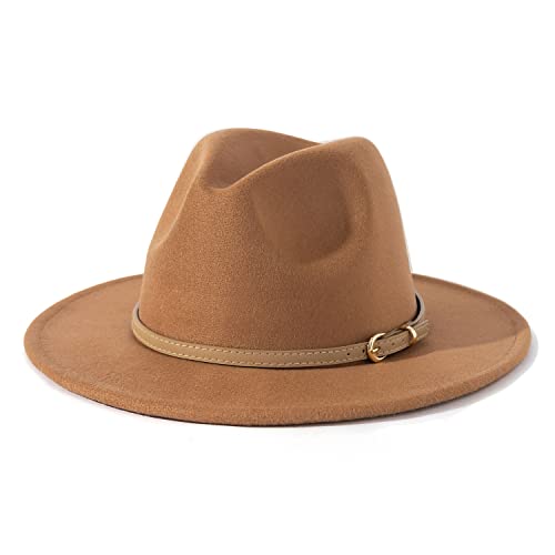 Lisianthus Women Classic Felt Fedora Wide Brim Hat with Belt Buckle - color: Khaki