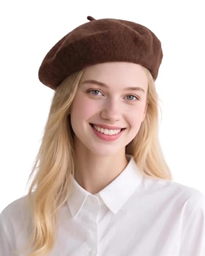 French Beret Hats for Women - Wool Solid Color Beanie Cap - color: Coffee
