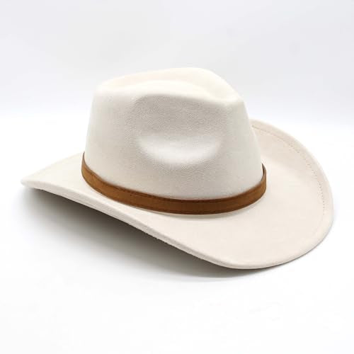Unisex Western Suede Cowboy Cowgirl Hat Classic Wide Brim Fedora Hat for Men &Women - color: Beige