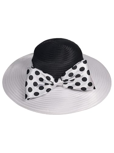 Women Wide Brim Rose Black Patchwork Kentucky Hat for Wedding Party Hat Big Bowknot Polka Dots Fedora Hats - color: Black White