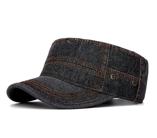Military Cadet Army Cap for Men Women-Washed Cotton Vintage Adjustable Flat Top Baseball Hat - color: Washed Denim Black