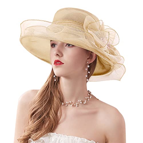 Haoohu Women's Church Derby Hat Wide Brim Bow Bucket Hat Wedding Dress Hat Fascinator Bridal Tea Party Hat - color: D-khaki