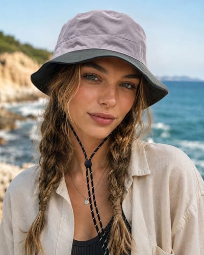 CLAPE Sun Protection Bucket Hat for Men Women, Reversible Packable Sun Hat with Chin Strap for Travel Hiking Beach - color: Bk2601-purpledarkgray