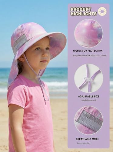 icolor Kids Sun Hat UPF50+ Sun Protection Bucket Hat Toddler Summer Beach Play Hats with Neck Flap for Girl Boy Ages 3~10 - color: Pinkstarry