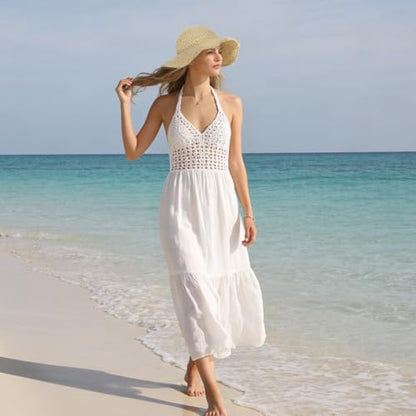 Oweisong Sun Hats for Women Wide Brim Floppy Beach Hats Packable Boho Crochet Straw Hat for Summer Vacation Travel - color: Begie
