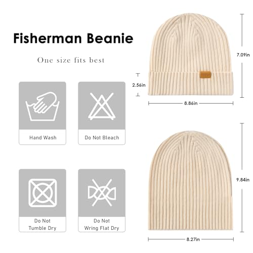 100% Merino Wool Fisherman Beanie Hat, Unisex Warm Winter Hats, Soft Breathable Knitted Short Cuffed Cap - color: Beige