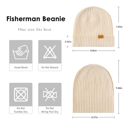 100% Merino Wool Fisherman Beanie Hat, Unisex Warm Winter Hats, Soft Breathable Knitted Short Cuffed Cap - color: Beige