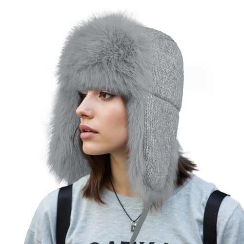 Women Winter Trapper Hat Knit Beanie Hat Faux Fur Plush Lined Earflap Thick Warm Skiing Skating Hunting Cap Headwear - color: Light Grey