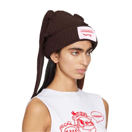Knitted Beanie Hat Cute Rabbit Long Ears Fun Caps Fluffy Winter Warm Knitted Rabbit Hats Outdoor Slotty Cap - color: Coffeec