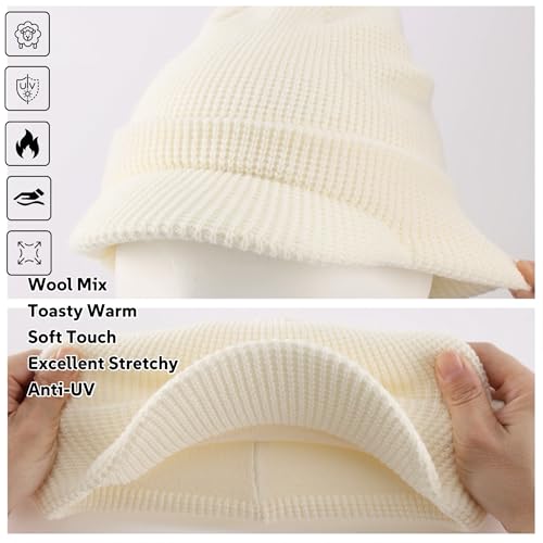 Home Prefer Mens Wool Blend Winter Hat Double-Layer Warm Knit Pre-Curve Visor Beanie Brimmed Beanies Hat for Men Women - color: Beige