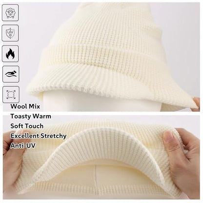 Home Prefer Mens Wool Blend Winter Hat Double-Layer Warm Knit Pre-Curve Visor Beanie Brimmed Beanies Hat for Men Women - color: Beige