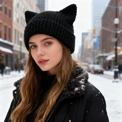 Avxdbr Black Cat Ear Beanies Warm Winter Soft Knit Hats for Women