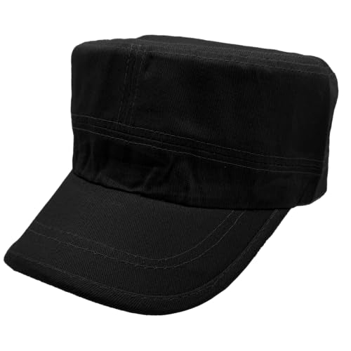 Cadet Cap Military-Style Combat Hat, Breathable Cotton Flat Top Cap with Adjustable Strap, Multiple Colors - color: Black