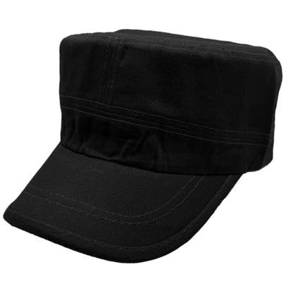 Cadet Cap Military-Style Combat Hat, Breathable Cotton Flat Top Cap with Adjustable Strap, Multiple Colors - color: Black