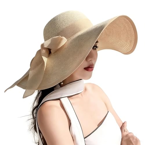 Womens Sun Straw Hat Wide Brim UPF 50+ Fashion Foldable Packable Floppy Beach Hat for Women Travel Outdoor Beige