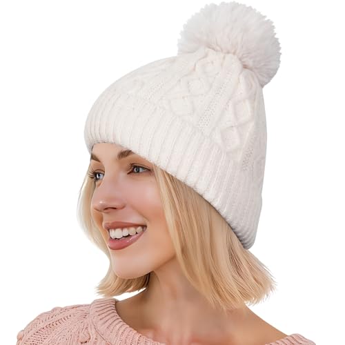 Pom Pom Beanie for Women & Girls, Warm Knit Winter Hat - color: White