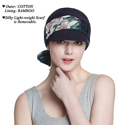 Alnorm Breathable Cotton Hat and Scarf Set Chemo Headwear for Women - color: Navy Peach Blossom
