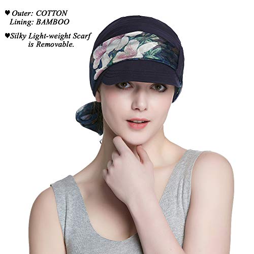 Alnorm Breathable Cotton Hat and Scarf Set Chemo Headwear for Women - color: Navy Peach Blossom