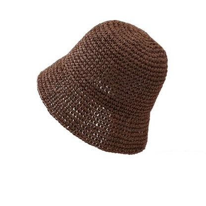 Women's Straw Bucket Hat Summer Mesh Woven Sun Beach Hat Foldable Fisherman Caps Hats - color: Brown