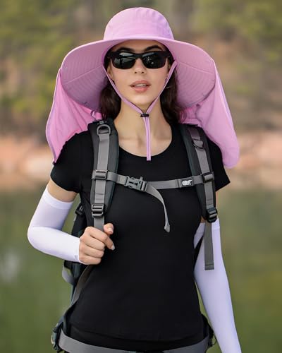 HUAMULAN Women Men Wide Brim Sun Hat Hiking Fishing Hats with Neck Flap - color: Lavender Pink ‌with Mesh Panel