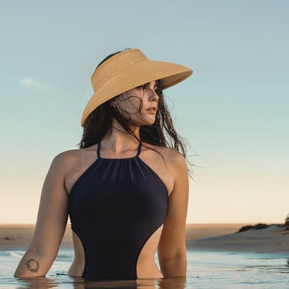 Women's Sun Visor Hats Wide Brim Straw Beach Hat Ponytail Hats for Women Foldable Floppy - color: 1pack-no Bow-beige2