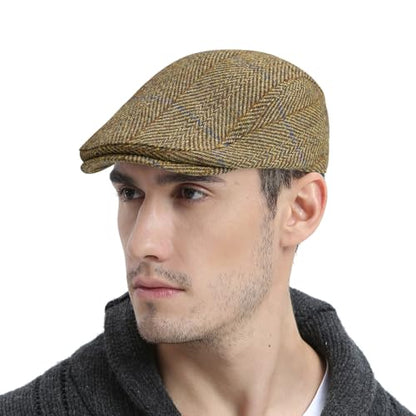 FEINION Men Wool Blend Flat Cap Tweed Newsboy Ivy Hat - color: Plaid Khaki