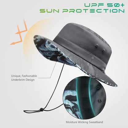 UPF 50+ Foldable Sun Hat Patterned Under Brim Bucket Hats for Summer Hiking Fishing Beach Safari Men Women - color: Dark Grey, size: Large