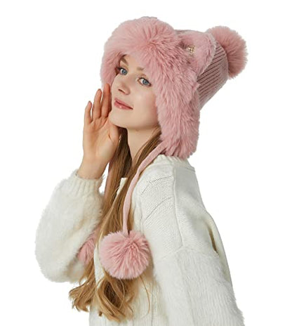 HUAMULAN Women Winter Sherpa Knit Beanie Hat Fleece Lined Ear Flaps - color: Pink Solid