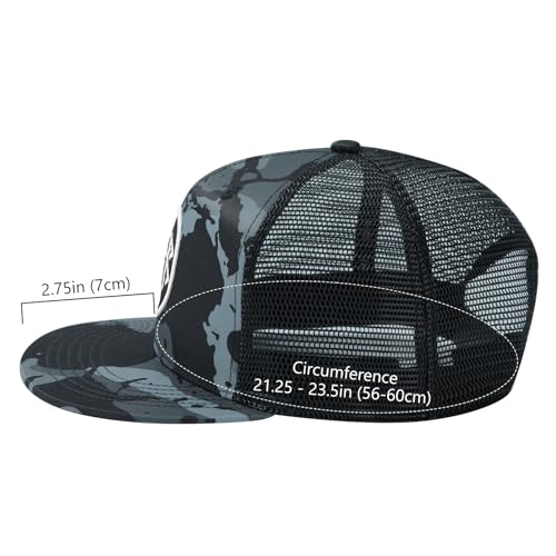 BASSDASH Flat Brim Trucker Cap Adjustable Snapback Hat Mesh Back for Men Women - color: Black Camo