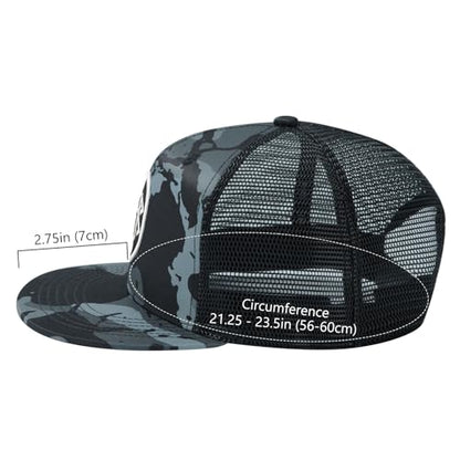 BASSDASH Flat Brim Trucker Cap Adjustable Snapback Hat Mesh Back for Men Women - color: Black Camo