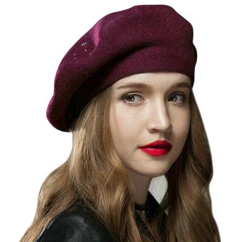 Sumolux Women Beret Hat French Beret Beanie Cap Classic Solid Color - color: Wine Red, size: One Size