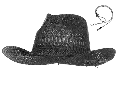 GEMVIE Men & Women's Summer Cowboy Cowgirl Straw Hat Hollow Out Style Roll Up Brim Cowboy Sun Hat - color: Black