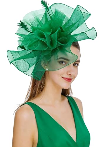 Z&X Sinamay Fascinator Hat Floral Feather Pillbox Derby Hats for Women Wedding Tea Party with Headband Clip - color: 006b Green