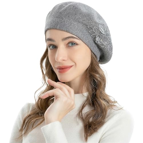 ZLYC Women French Beret Hat Reversible Solid Color Mosaic Warm Artist Cap - color: Flower Gray