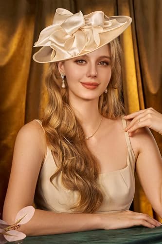 BABEYOND Derby Hats for Women Wide Brim Flower Feather Tea Party Fascinator - color: Champagne