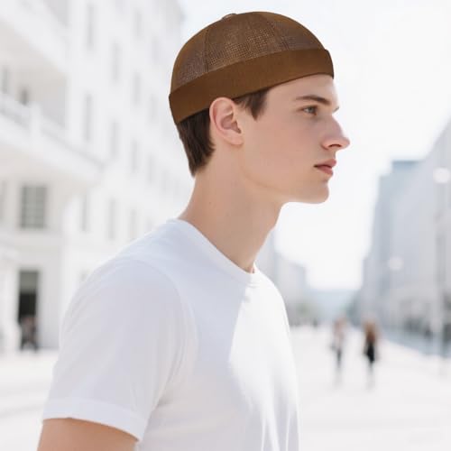 Mens Mesh Brimless Cap with No Brim, Summer Docker Cap Beanie Hat Flip Sailor Skullcap Breathable - color: Coffee