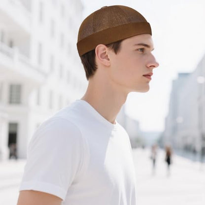 Mens Mesh Brimless Cap with No Brim, Summer Docker Cap Beanie Hat Flip Sailor Skullcap Breathable - color: Coffee