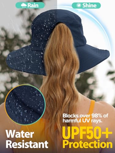 EW East Water Sun Beach Hat for Women, UPF50+ Waterproof with Ponytail Hole - color: Navy Blue