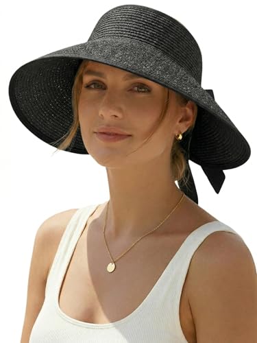 Sun Visor Hat for Women Wide Brim Ponytail Straw Hat UV UPF Summer Beach Vacation Packable Foldable Travel - color: Black