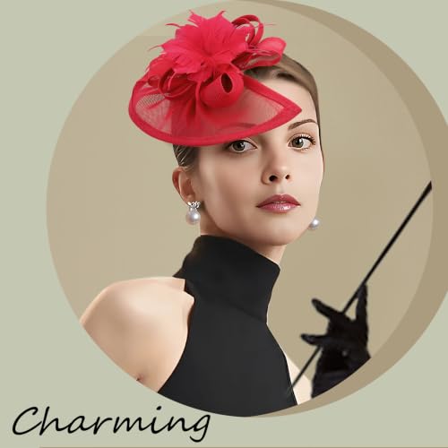 DRESHOW Fascinators Hat Feather Headband Women's Fascinators Tea Party Headwear with Clip Flower Head Band for Girls & Women - color: Medium Size: Red