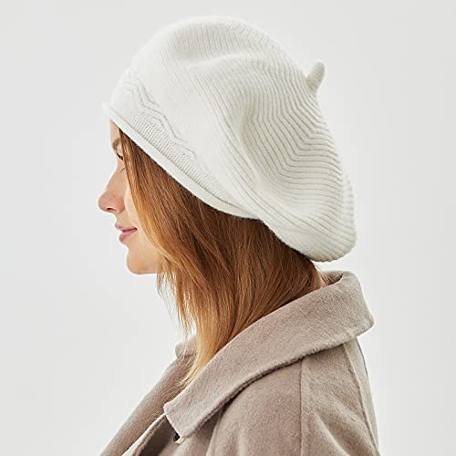 FENELY Beret Hat for Women, French Style Beanie Winter Fashion Warm Thickened Lining Knit Cap - color: White