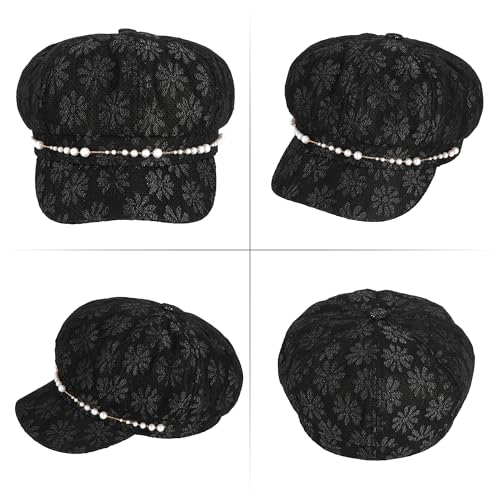 Women Pearl Chain Lace Cotton Blend Newsboy Cap Visor Paperboy Painter Hat - color: Black