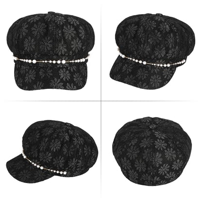 Women Pearl Chain Lace Cotton Blend Newsboy Cap Visor Paperboy Painter Hat - color: Black