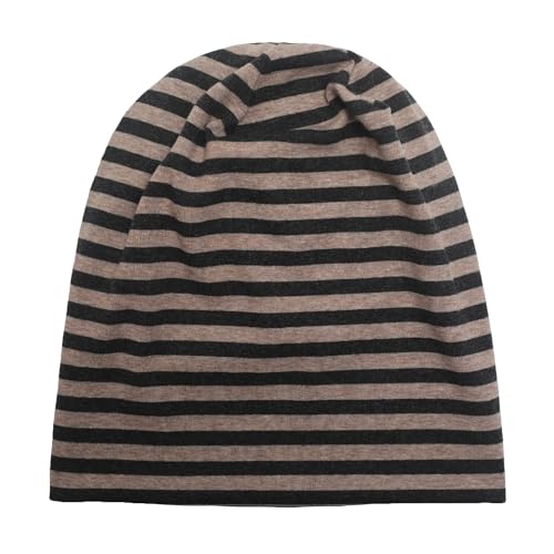 ZLYC Cotton Thin Slouchy Beanie Hat for Men Women Stretch Skull Cap - color: Striped Dark Gray Khaki, size: One Size