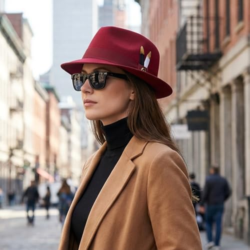Fedora Hats for Men & Women Short Brim Felt hat Trilby Fedora with Feather Panama Dress Hat - color: Burgundy, size: Large