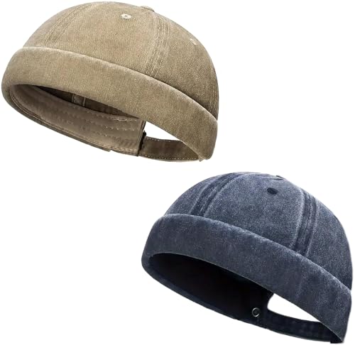 Initlove Docker Hat for Men Vintage Brimless Sailor Hat Beanie Cap - color: Khaki + Navy